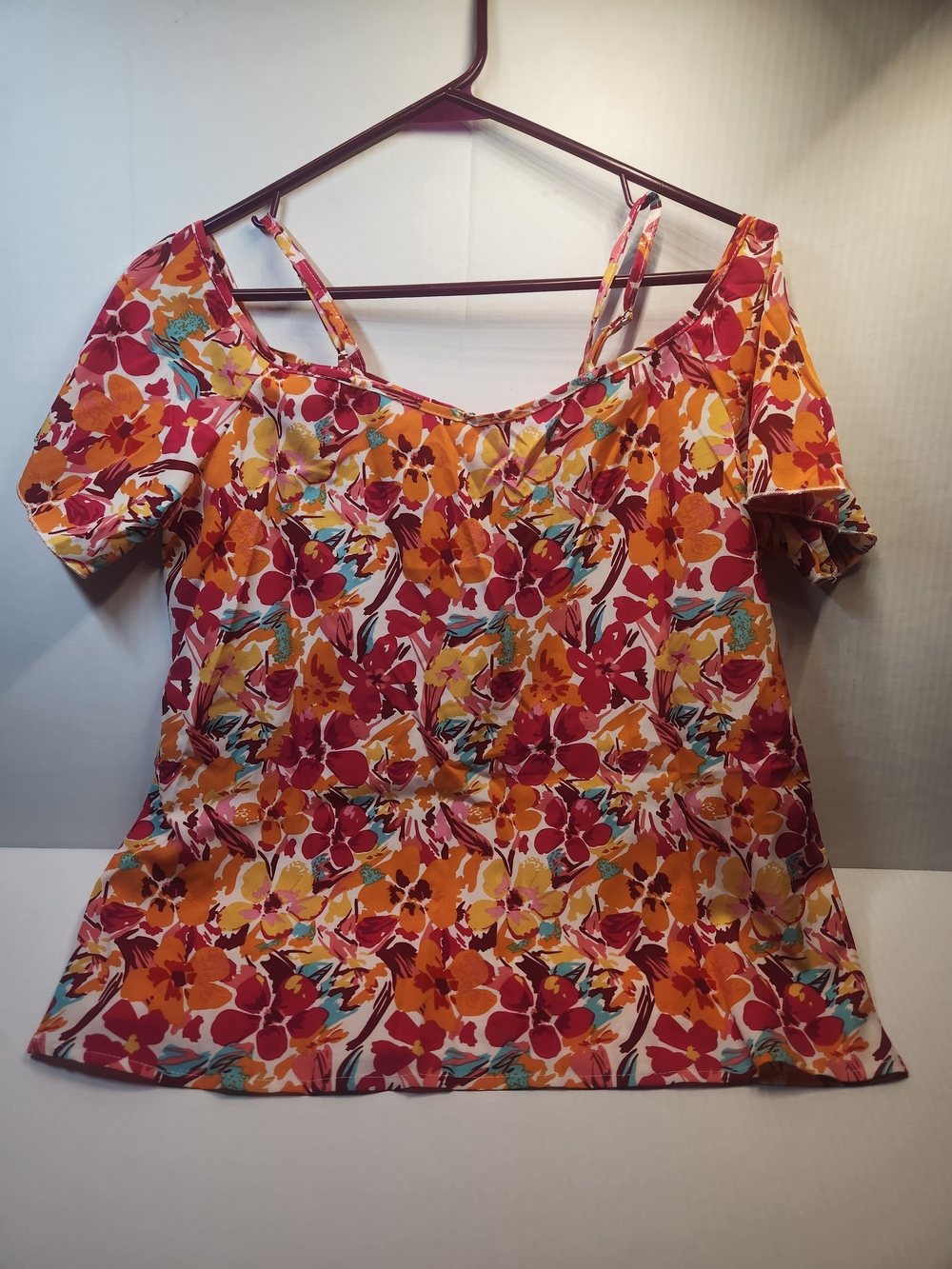 Floral Cold-Shoulder Camisole Top in Orange & Pink